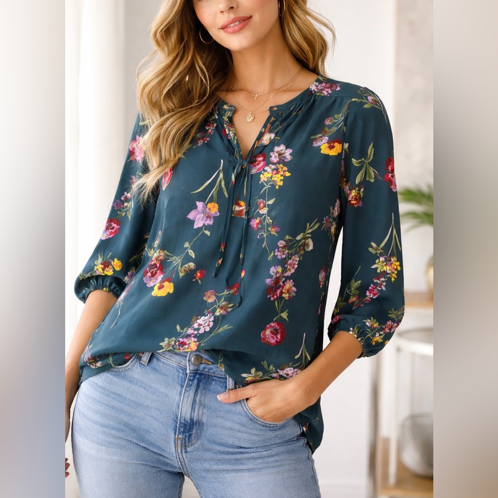 West Kei Teal Floral Blouse Small 3/4 Sleeve Tie Neck Boho